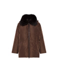 Technical fabric down cape with detachable fox fur collar