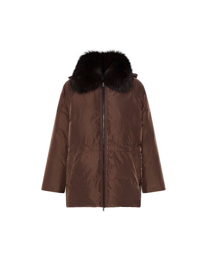 Technical fabric down cape with detachable fox fur collar