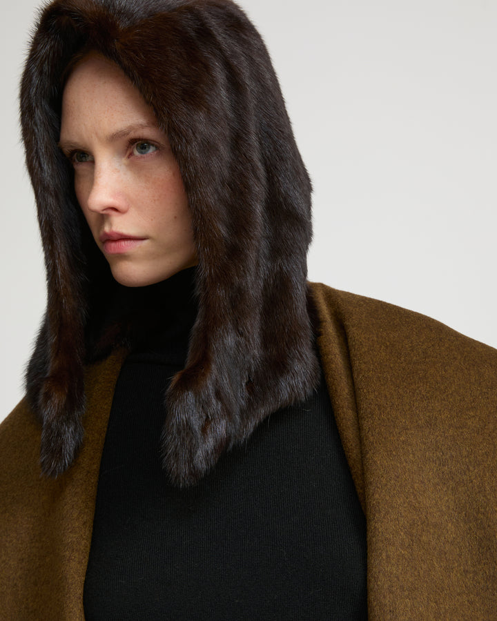 Mink fur and leather hood