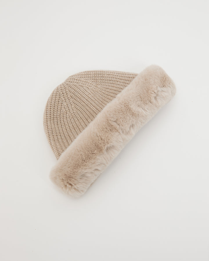 Cashmere and wool knit beanie with rex rabbit fur turn-up -Yves Salomon