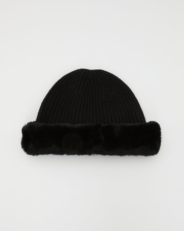 Cashmere and wool knit beanie with rex rabbit fur turn-up -Yves Salomon