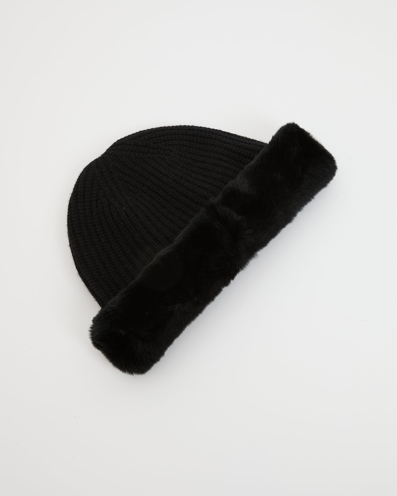 Cashmere and wool knit beanie with rex rabbit fur turn-up -Yves Salomon