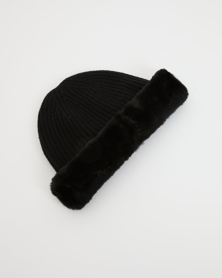 Cashmere and wool knit beanie with rex rabbit fur turn-up -Yves Salomon