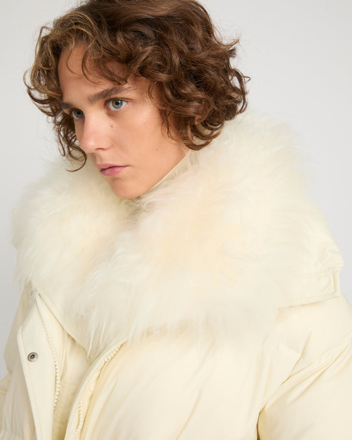 Mid-length down jacket with fluffy lambswool trim -Yves Salomon