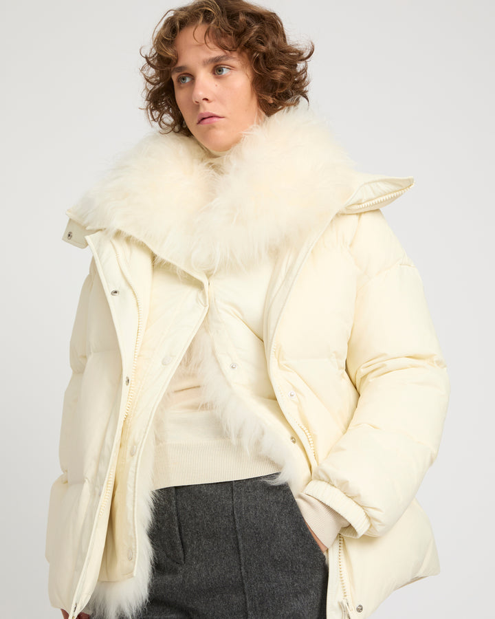Mid-length down jacket with fluffy lambswool trim -Yves Salomon