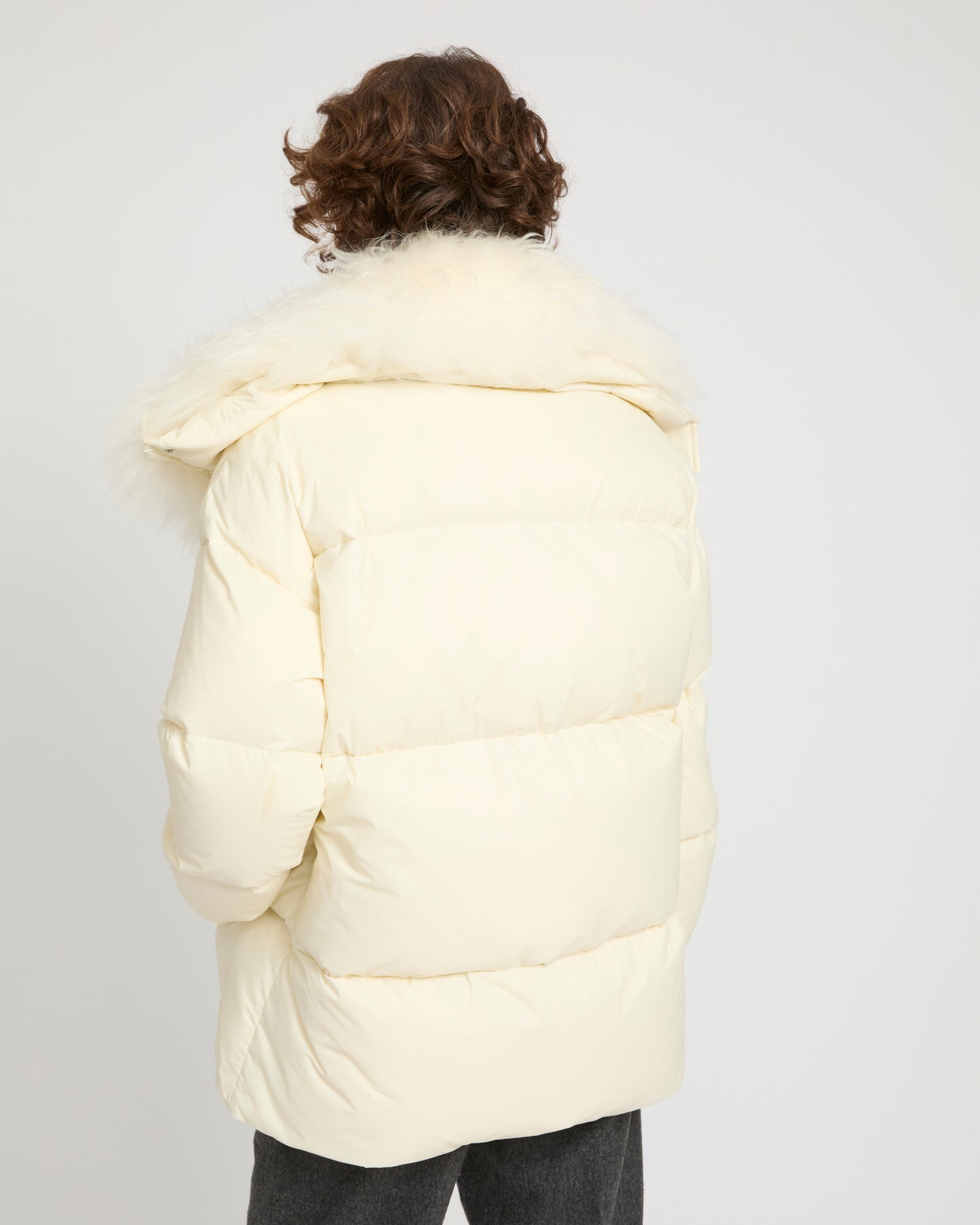 Mid-length down jacket with fluffy lambswool trim -Yves Salomon