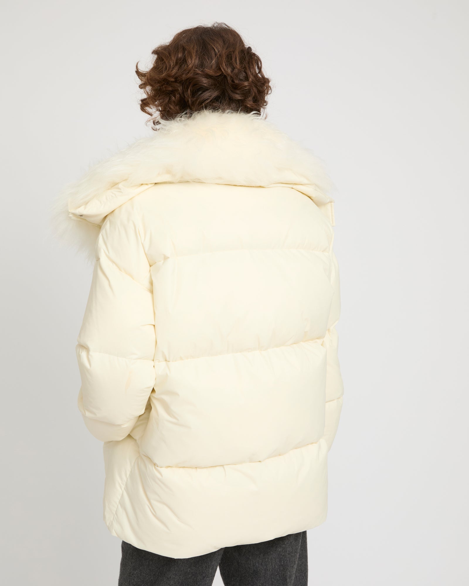Mid-length down jacket with fluffy lambswool trim -Yves Salomon