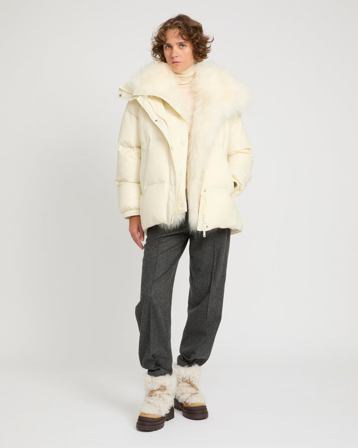 Mid-length down jacket with fluffy lambswool trim -Yves Salomon