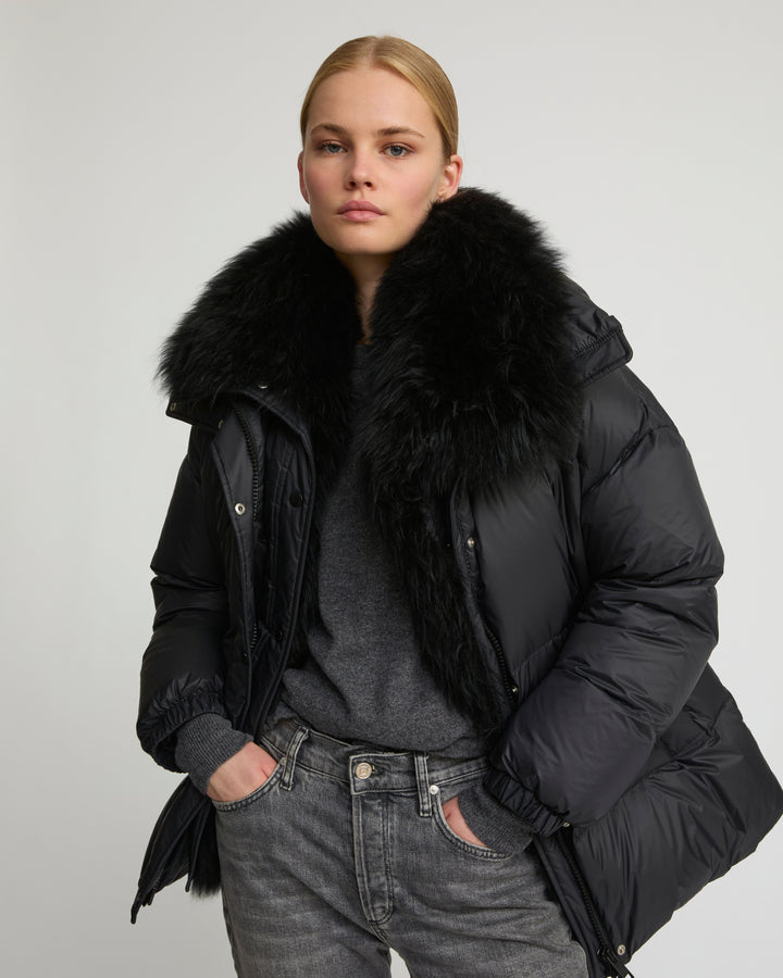 Mid-length down jacket with fluffy lambswool trim -Yves Salomon