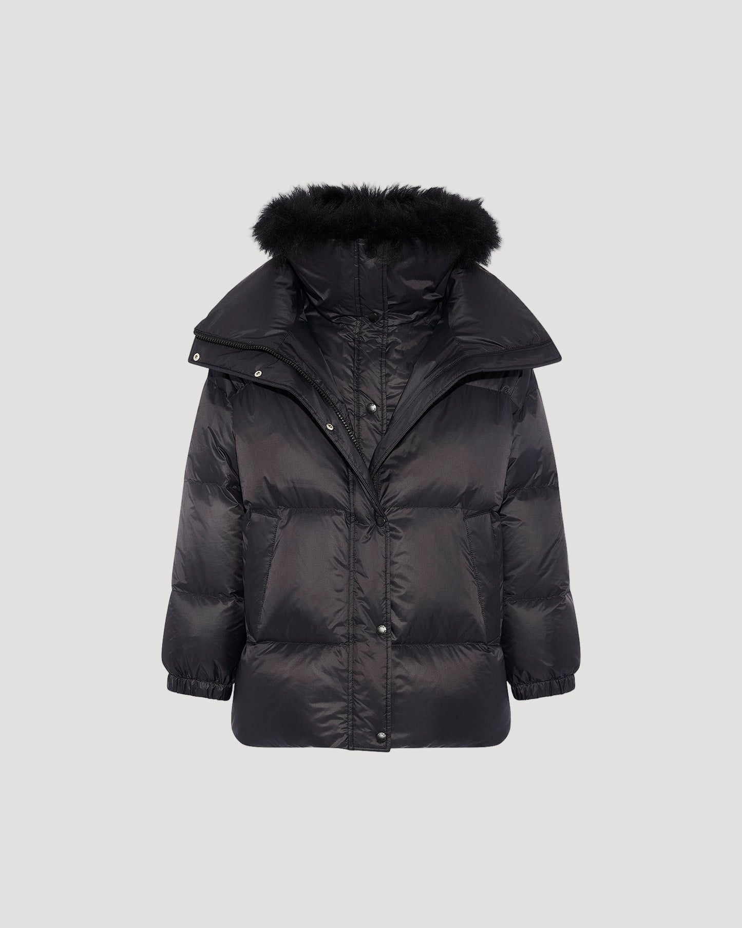 Mid-length down jacket with fluffy lambswool trim