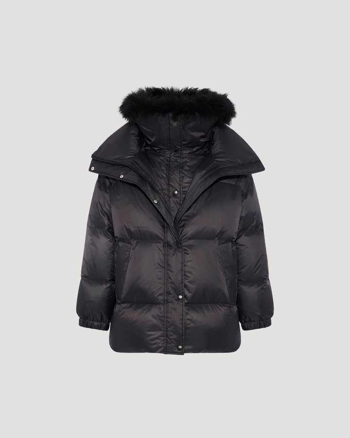 Mid-length down jacket with fluffy lambswool trim