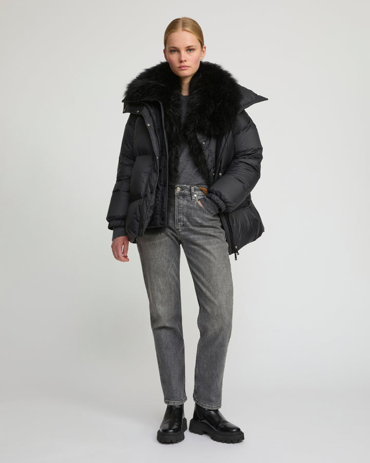 Mid-length down jacket with fluffy lambswool trim -Yves Salomon