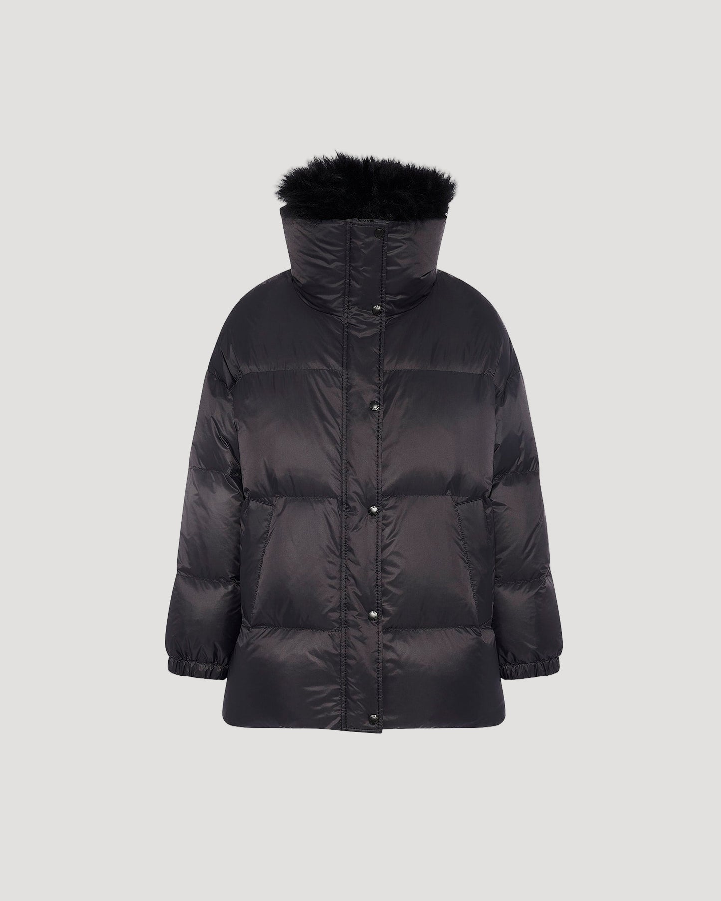 Mid-length down jacket with fluffy lambswool trim