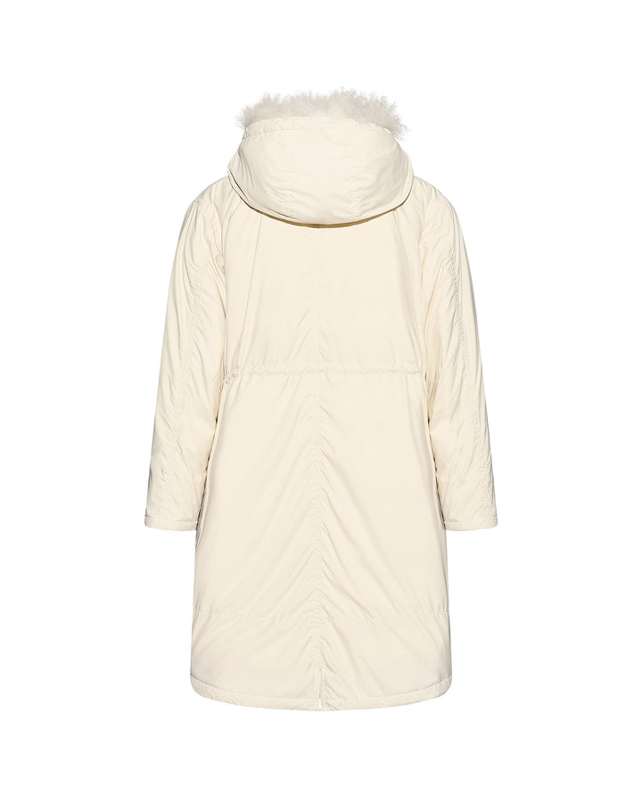 Ultra-light down parka with curly lambskin trim