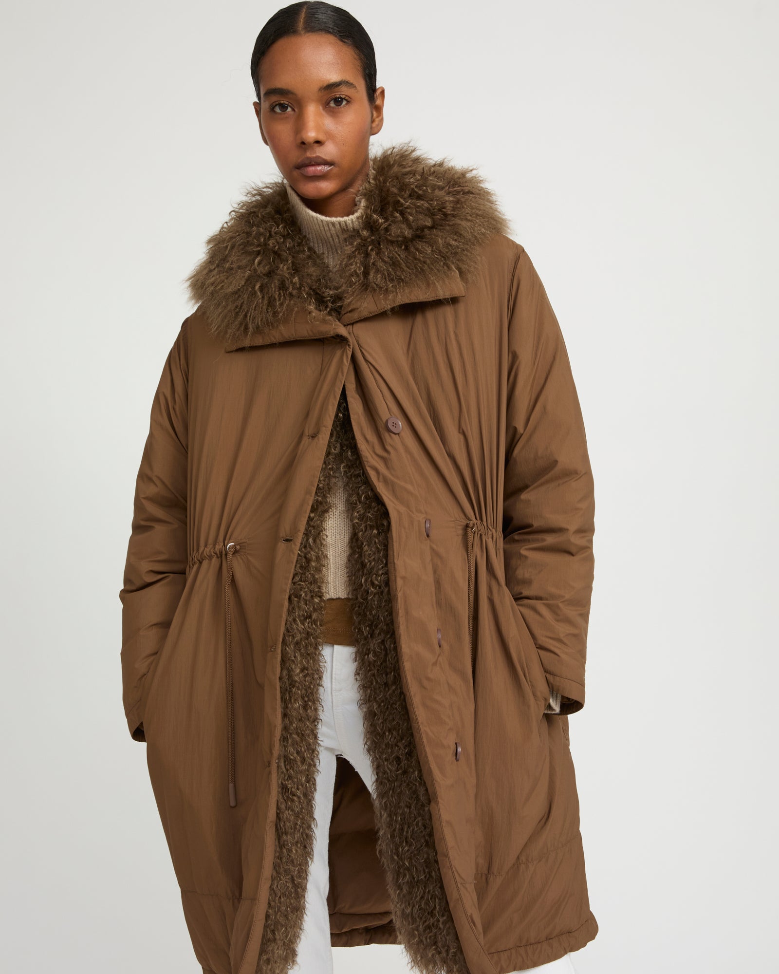 Ultra-light down parka with curly lambskin trim -Yves Salomon