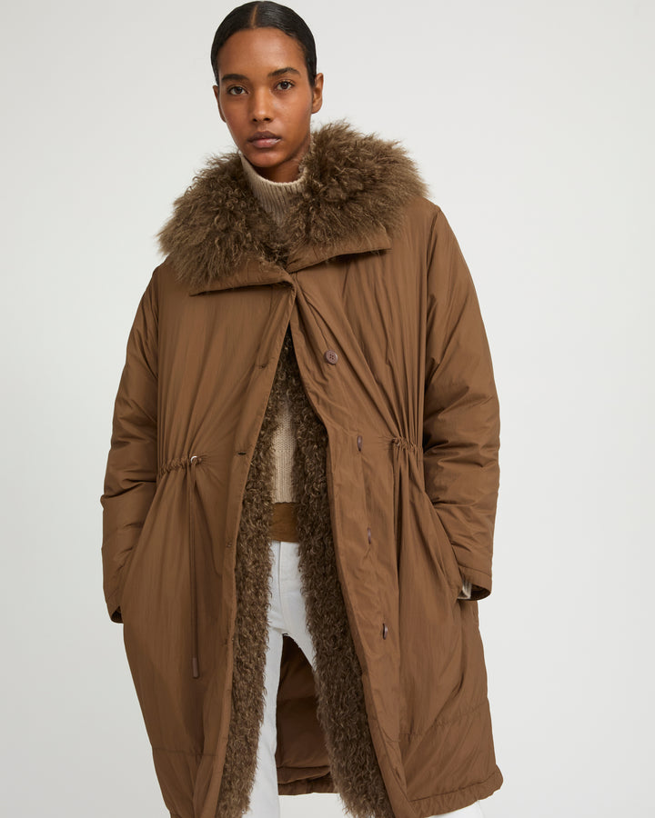Ultra-light down parka with curly lambskin trim -Yves Salomon