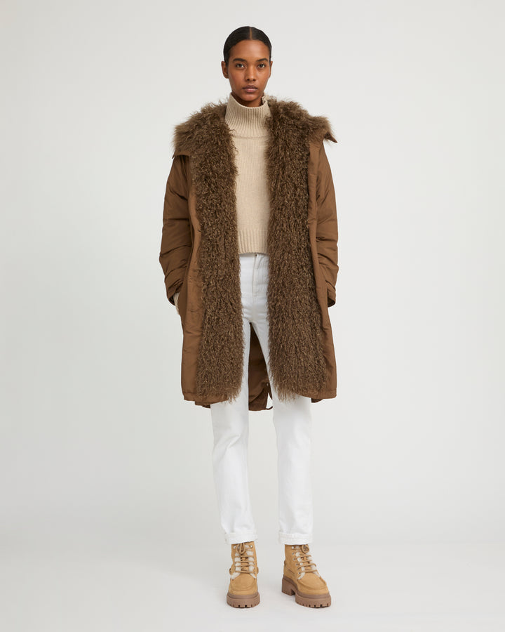 Ultra-light down parka with curly lambskin trim -Yves Salomon