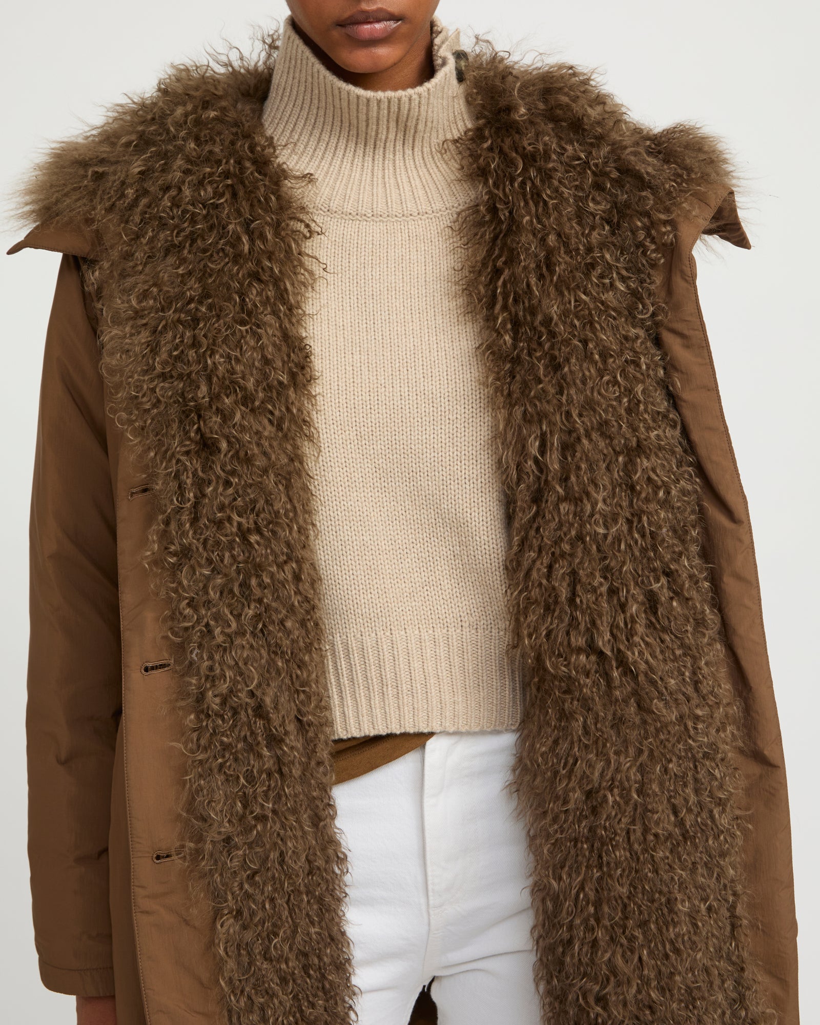 Ultra-light down parka with curly lambskin trim -Yves Salomon