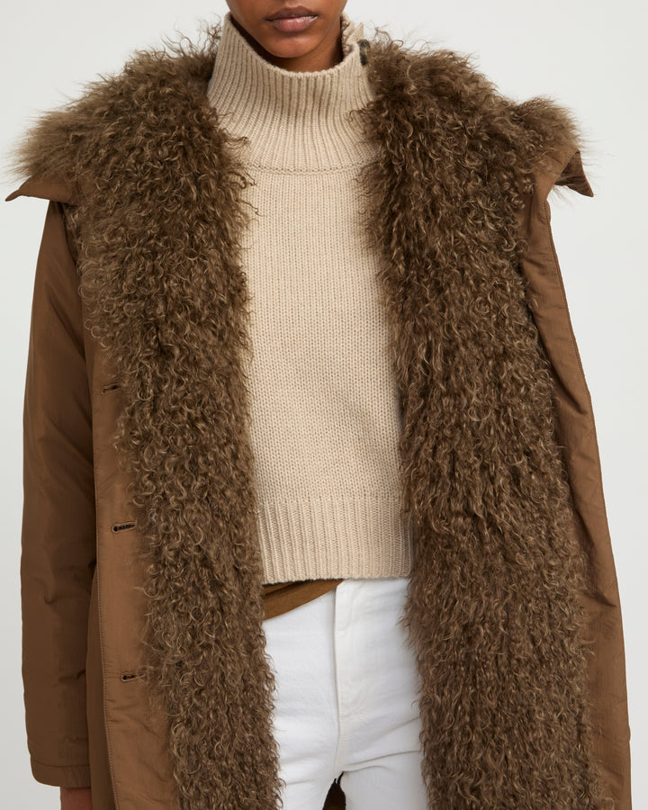 Ultra-light down parka with curly lambskin trim -Yves Salomon