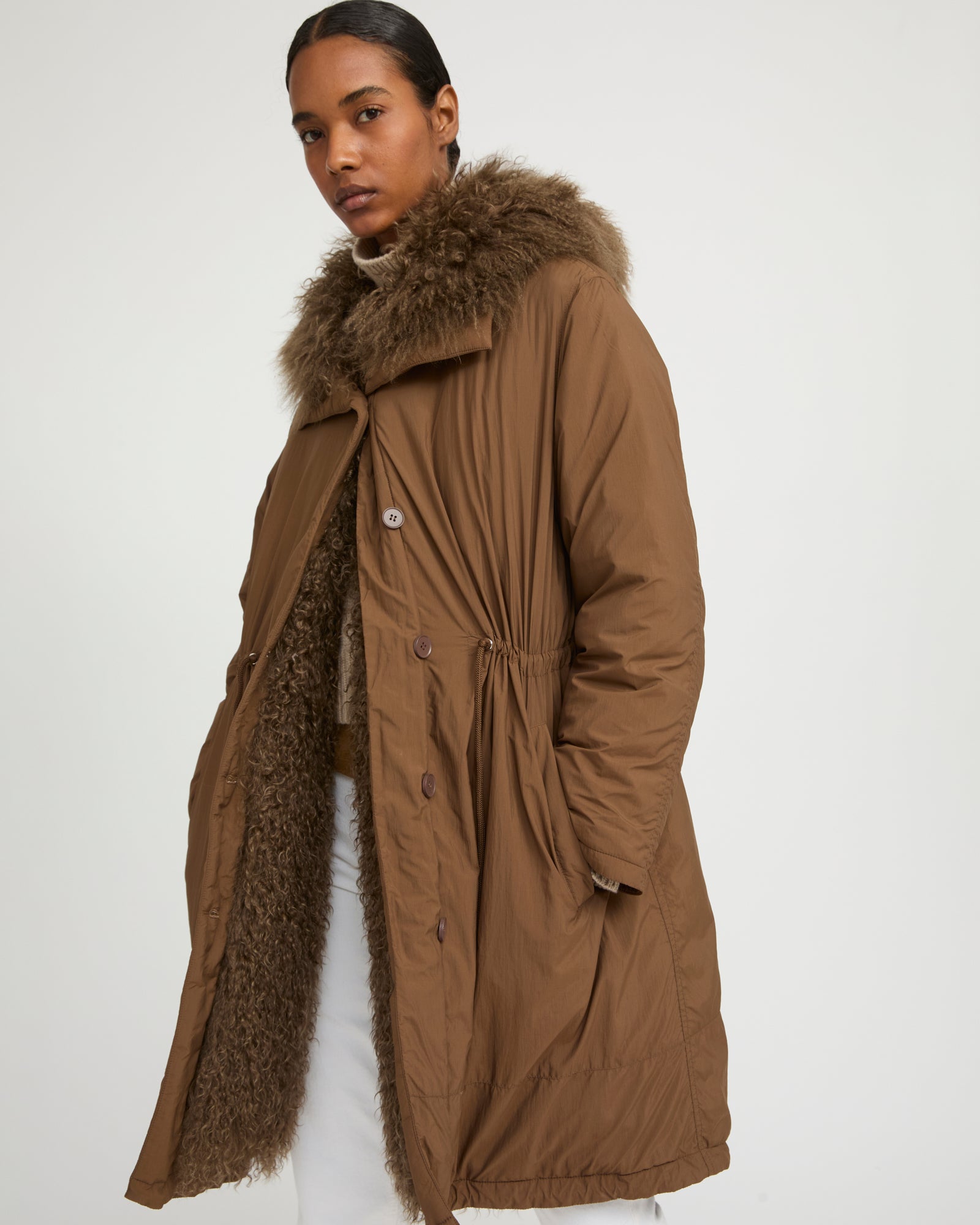 Ultra-light down parka with curly lambskin trim -Yves Salomon