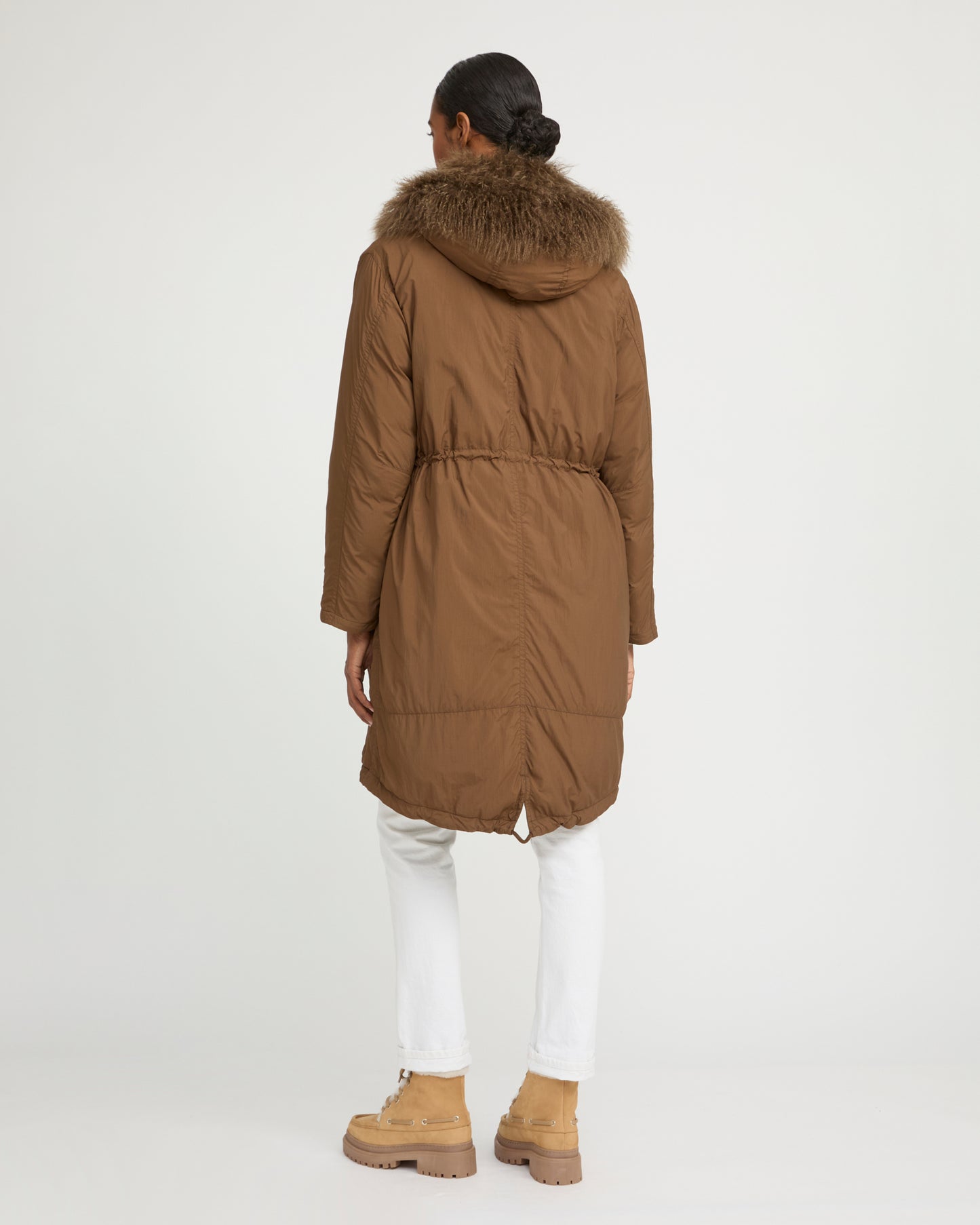Ultra-light down parka with curly lambskin trim -Yves Salomon