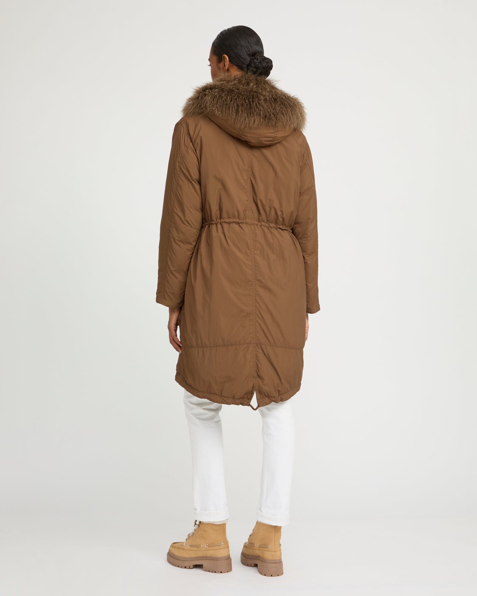 Ultra-light down parka with curly lambskin trim -Yves Salomon