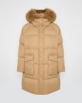 Long down jacket with raglan sleeves and fluffy lambswool trim