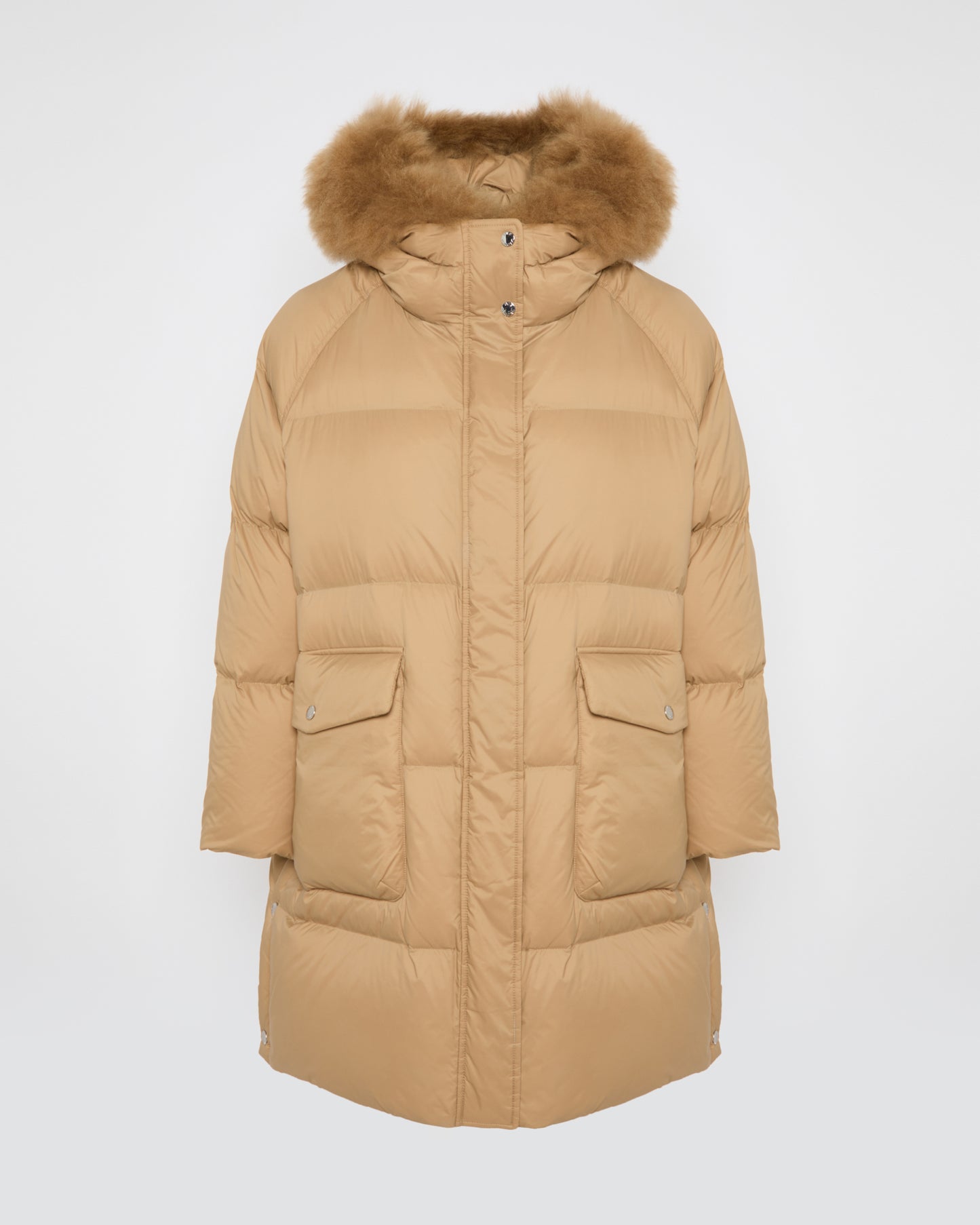 Long down jacket with raglan sleeves and fluffy lambswool trim