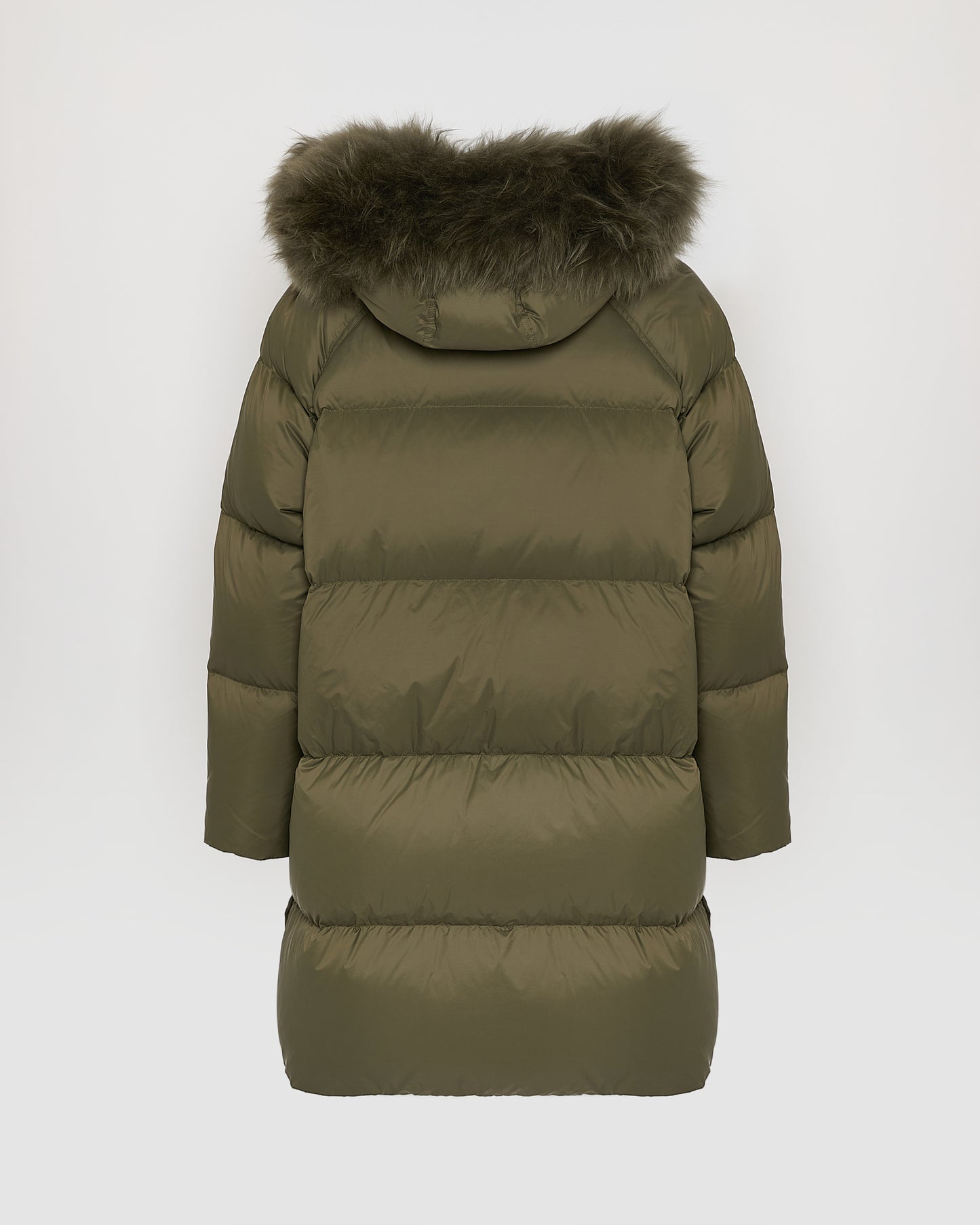 Long down jacket with raglan sleeves and fluffy lambswool trim