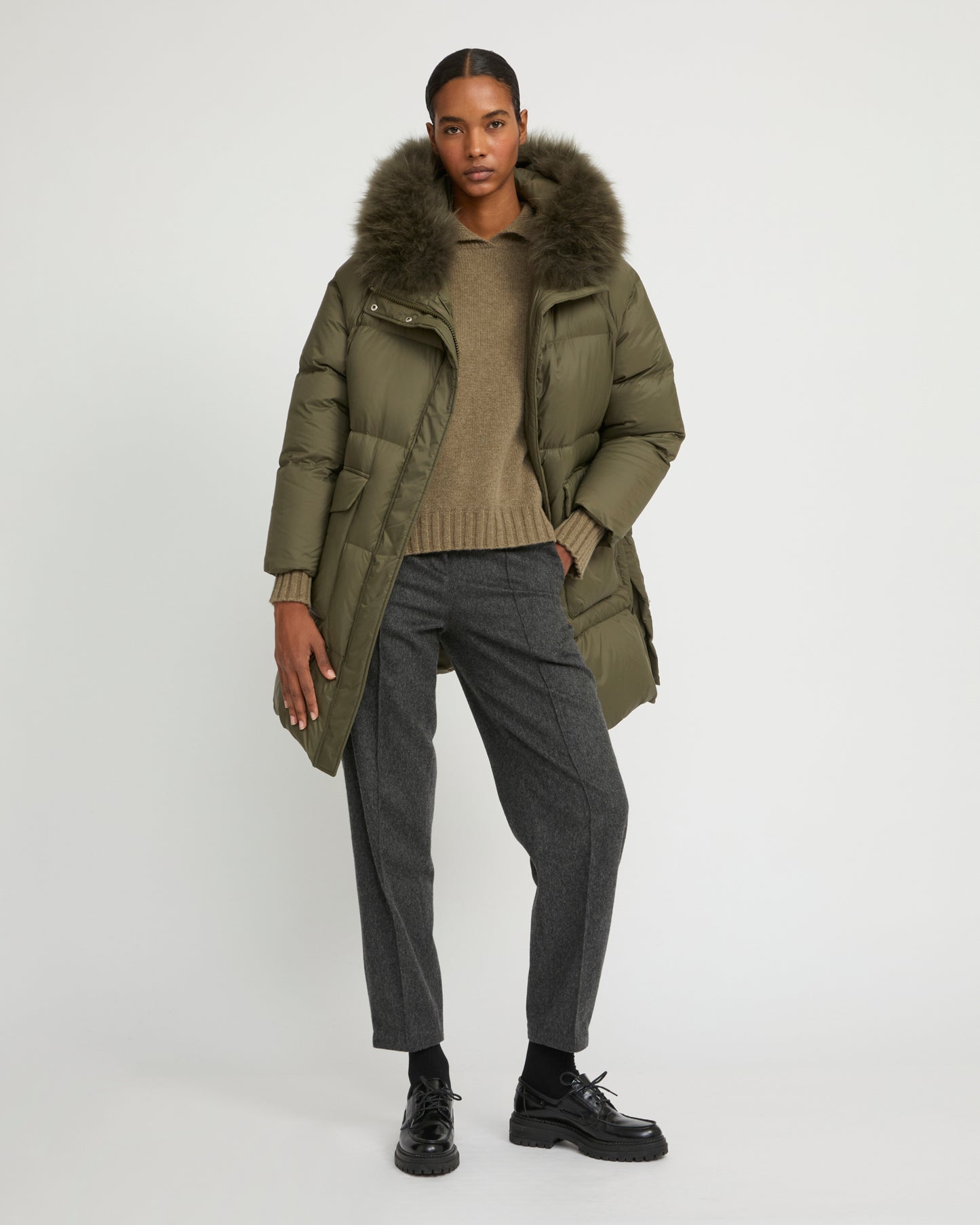 Long down jacket with raglan sleeves and fluffy lambswool trim
