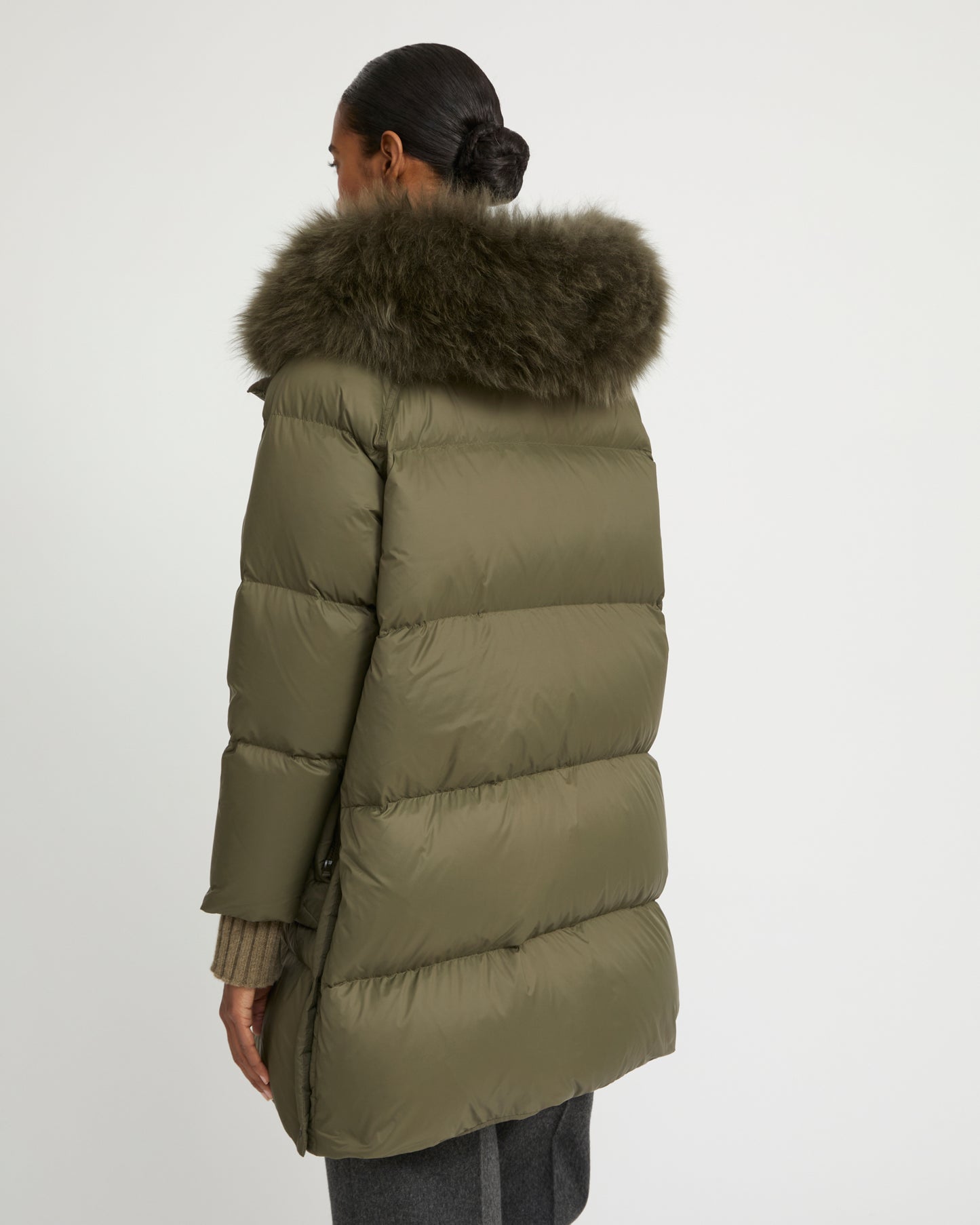 Long down jacket with raglan sleeves and fluffy lambswool trim