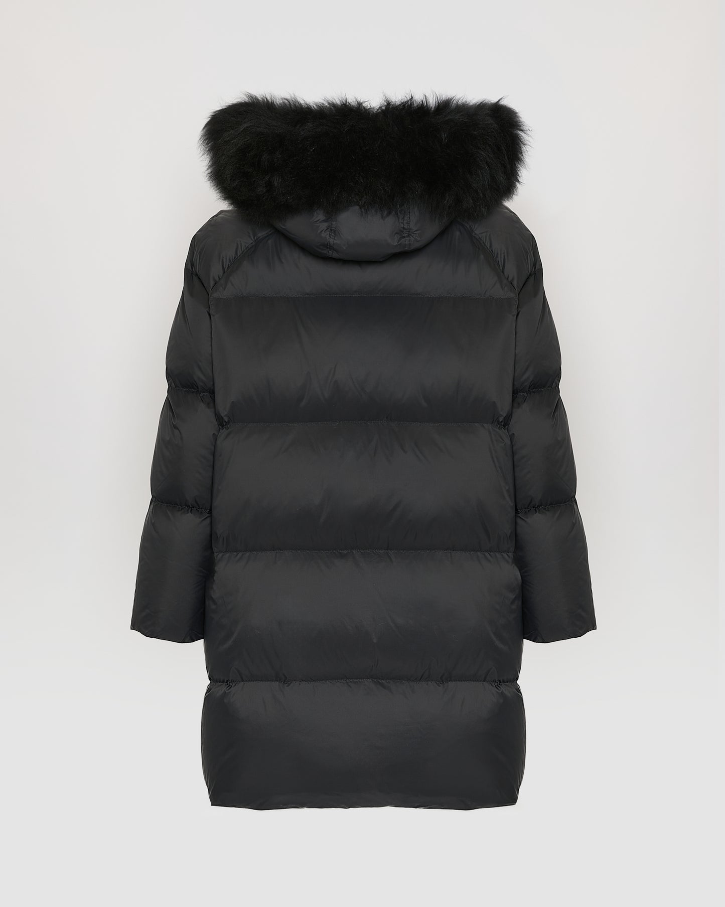 Long down jacket with raglan sleeves and fluffy lambswool trim