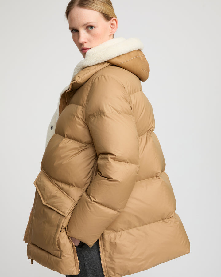 "A" line down jacket with lambskin shearling bib