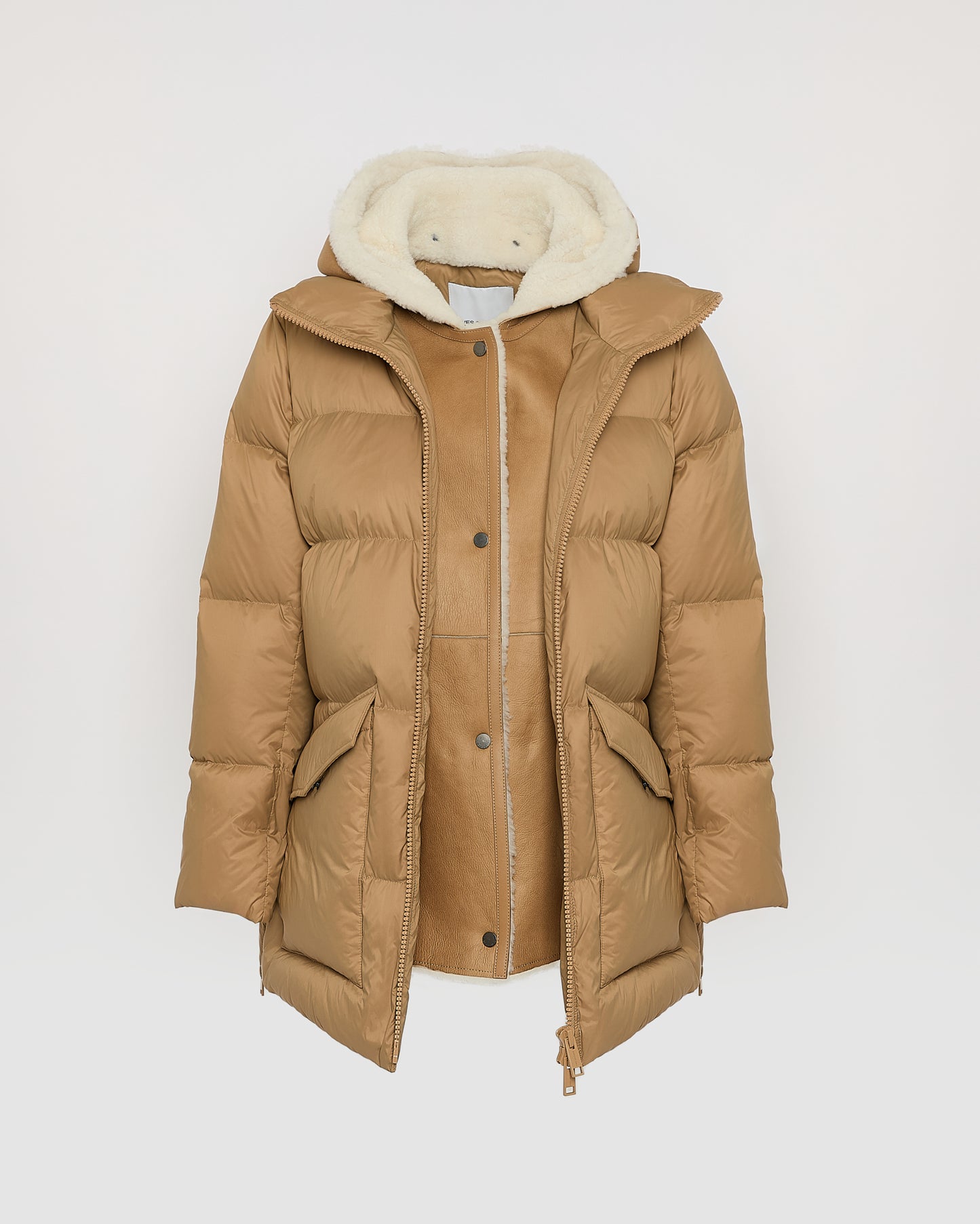 "A" line down jacket with lambskin shearling bib