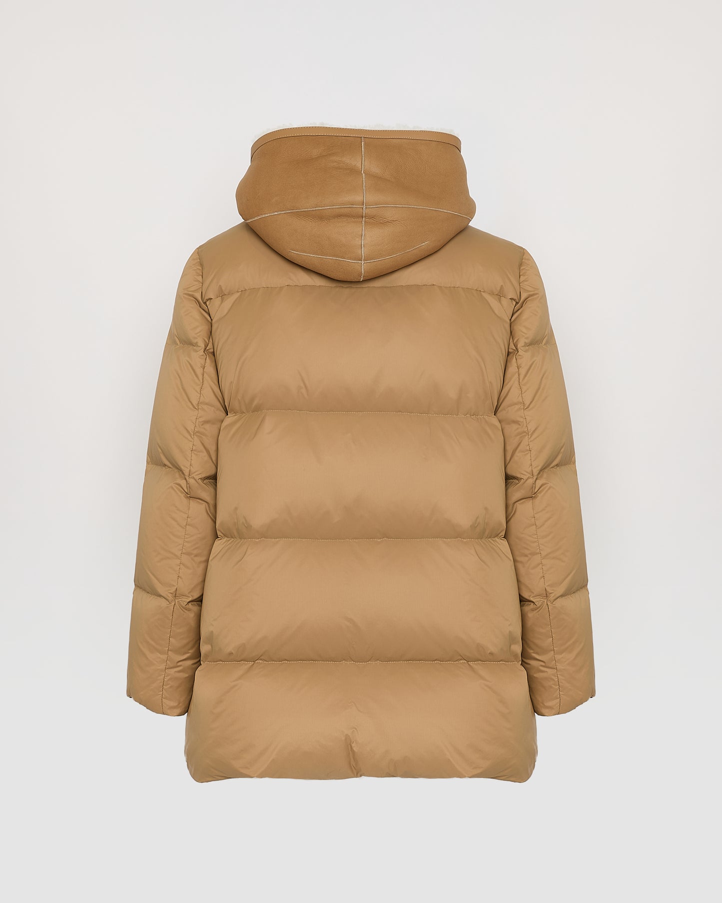 "A" line down jacket with lambskin shearling bib
