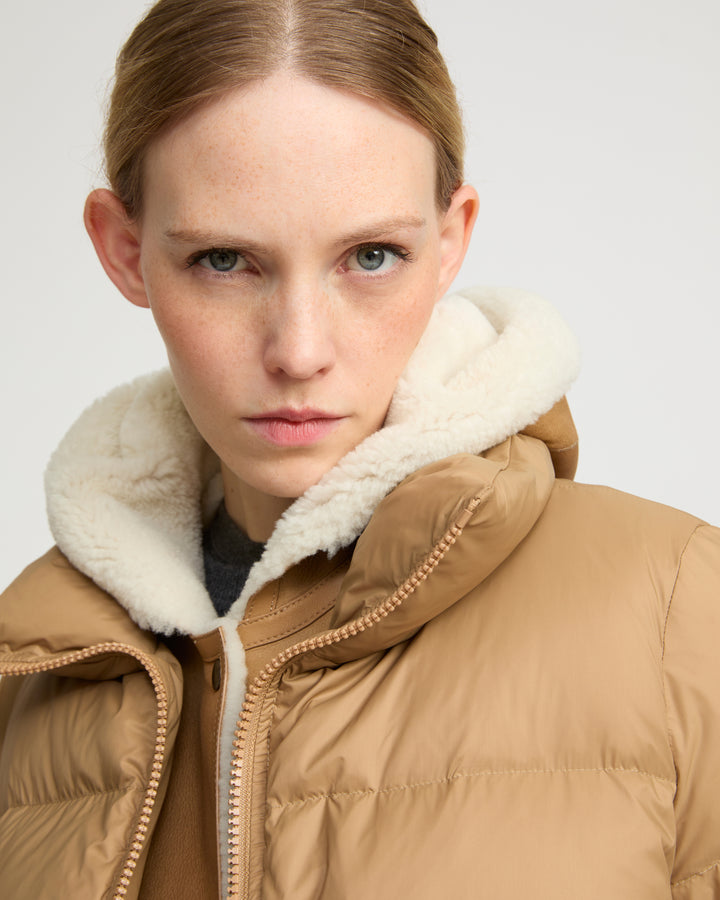 "A" line down jacket with lambskin shearling bib