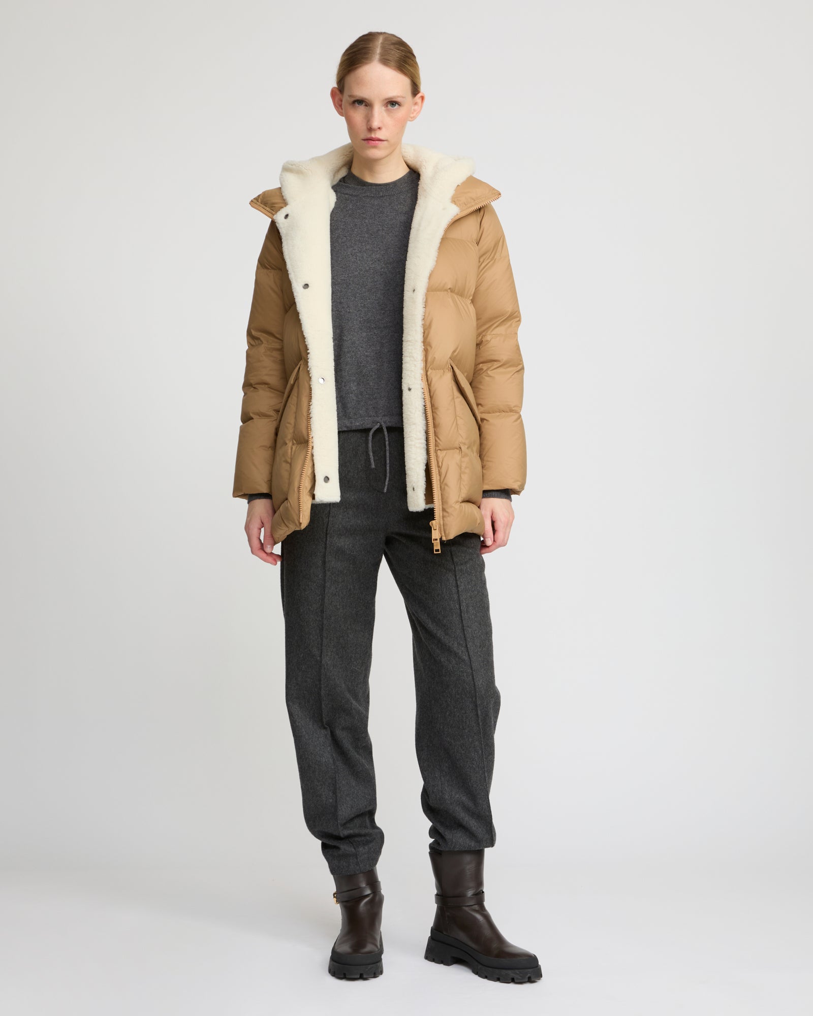 "A" line down jacket with lambskin shearling bib -Yves Salomon