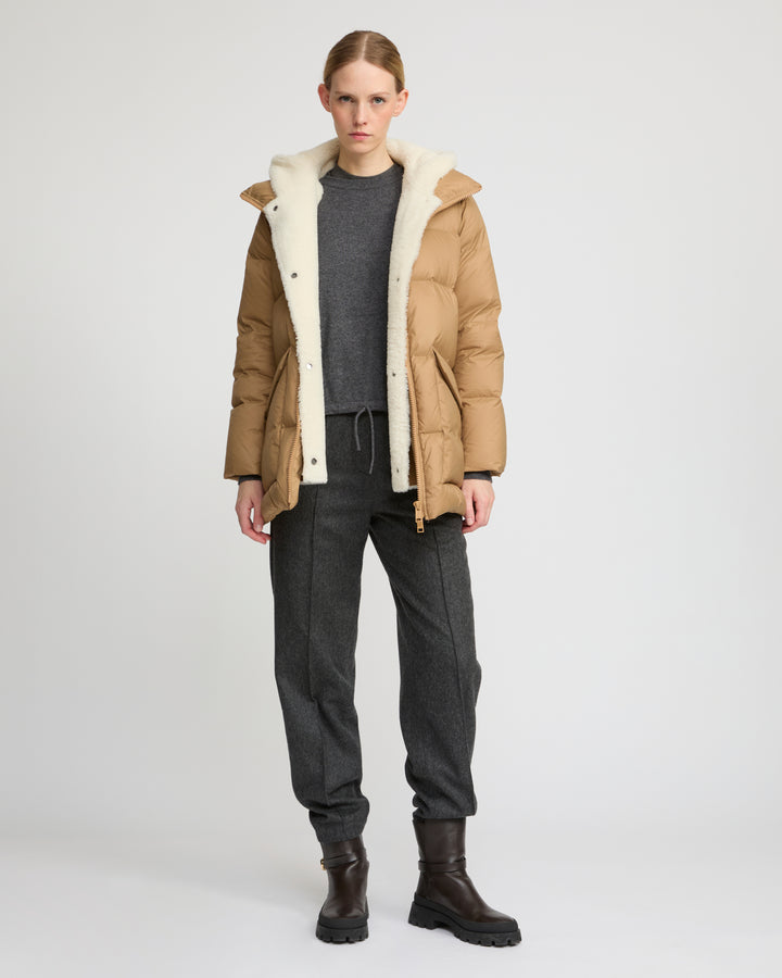 "A" line down jacket with lambskin shearling bib