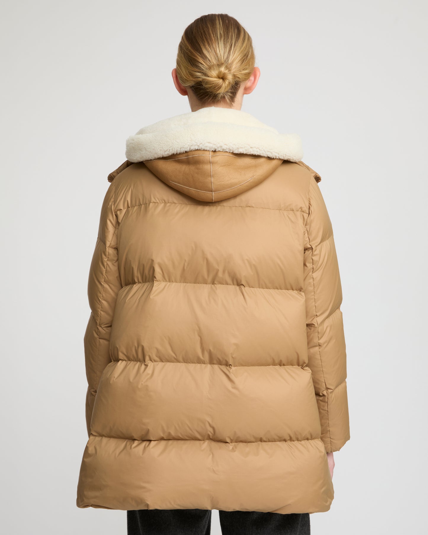 "A" line down jacket with lambskin shearling bib