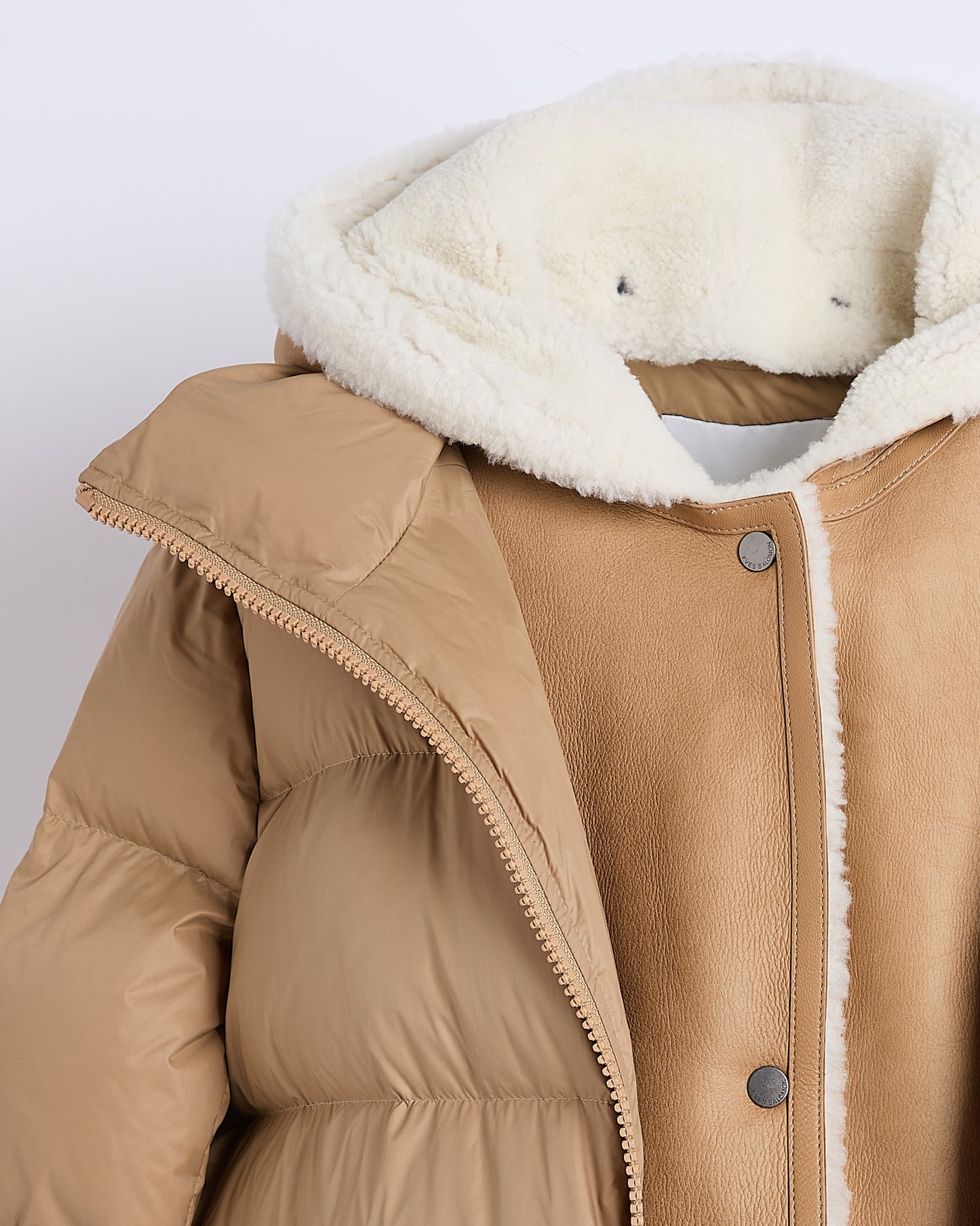"A" line down jacket with lambskin shearling bib