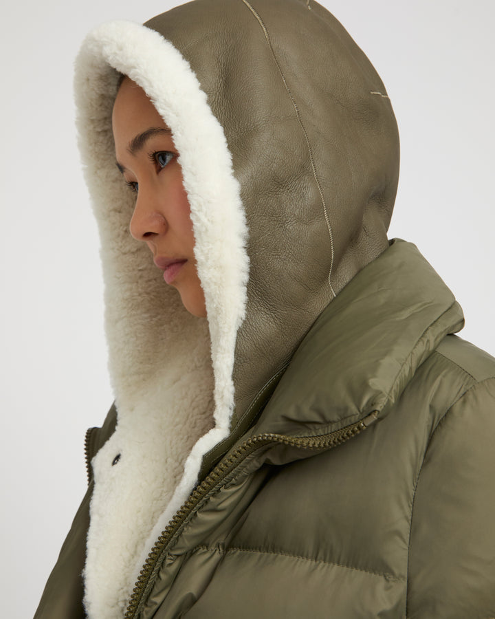 "A" line down jacket with lambskin shearling bib -Yves Salomon