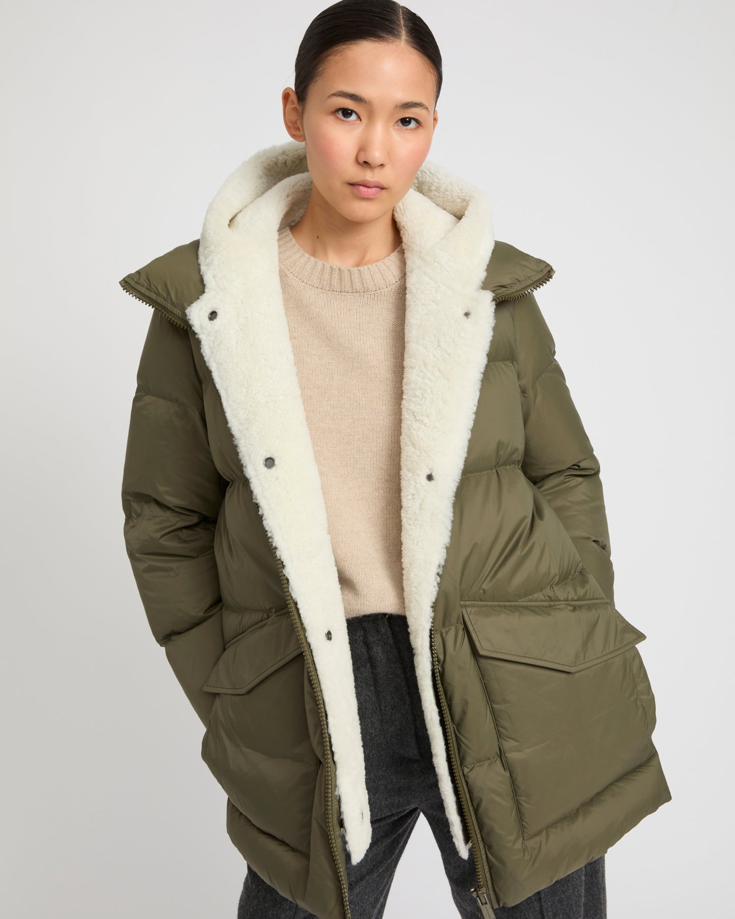 "A" line down jacket with lambskin shearling bib -Yves Salomon