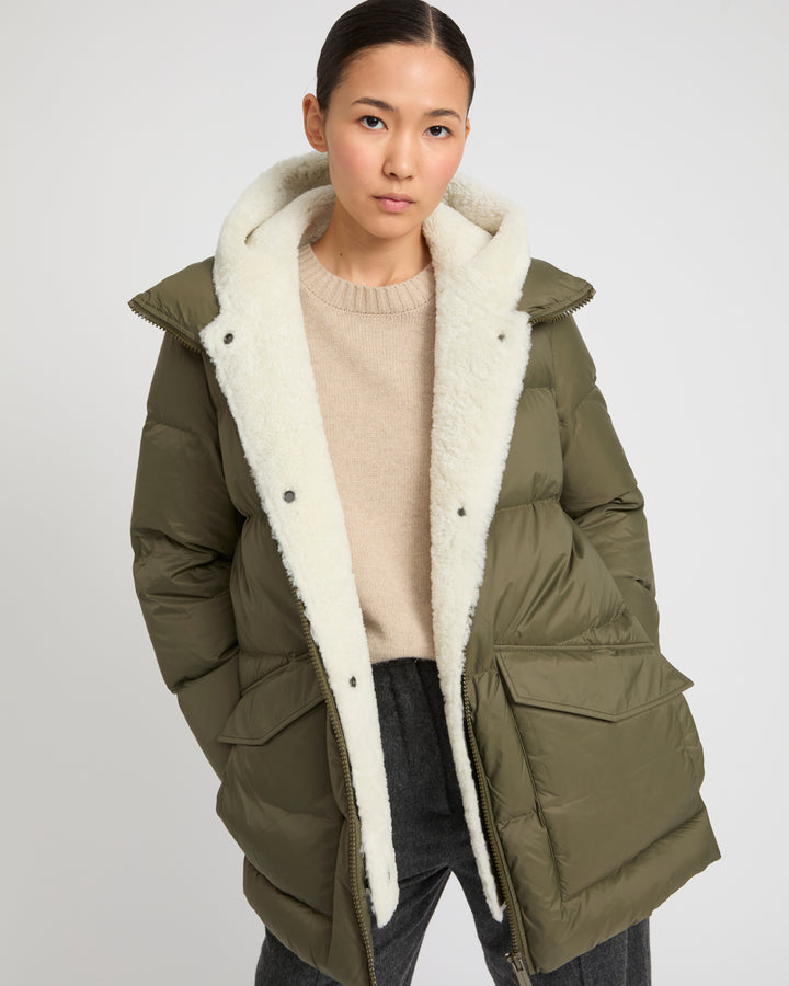 "A" line down jacket with lambskin shearling bib -Yves Salomon