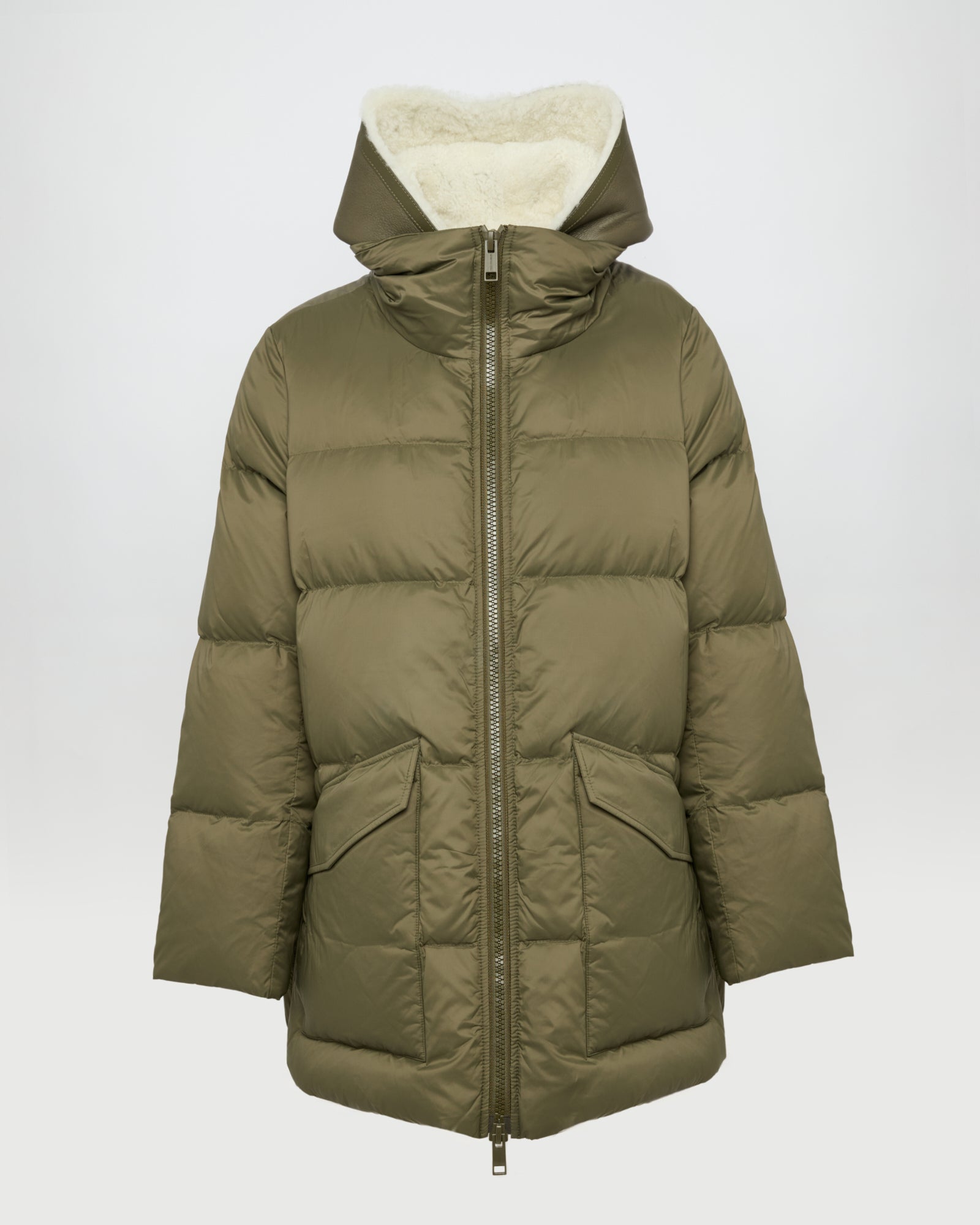 "A" line down jacket with lambskin shearling bib -Yves Salomon