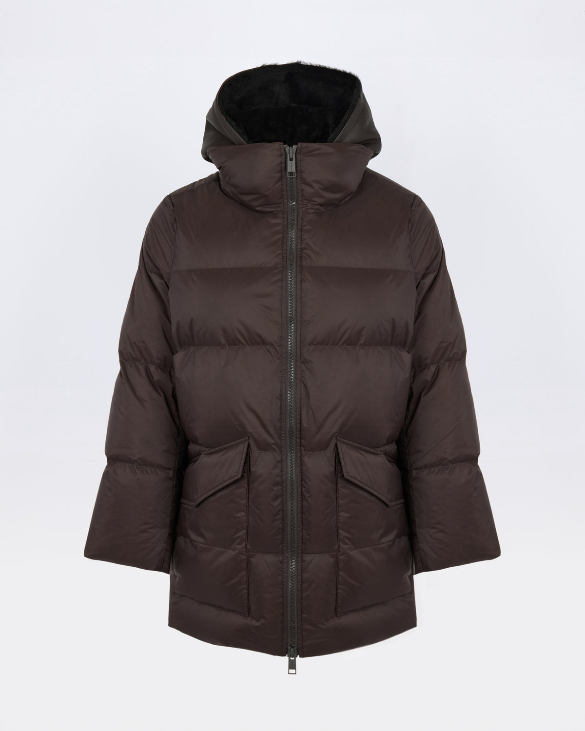 A-line down jacket in waterproof technical fabric with lambskin shearling bib panel - Yves Salomon - New Fall/Winter Collection