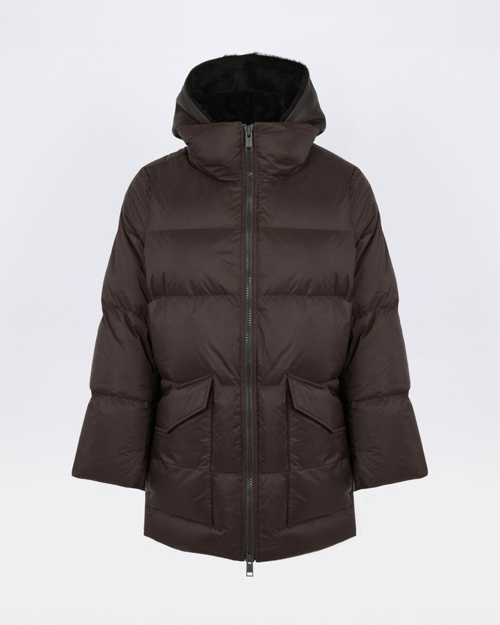 A-line down jacket in waterproof technical fabric with lambskin shearling bib panel
