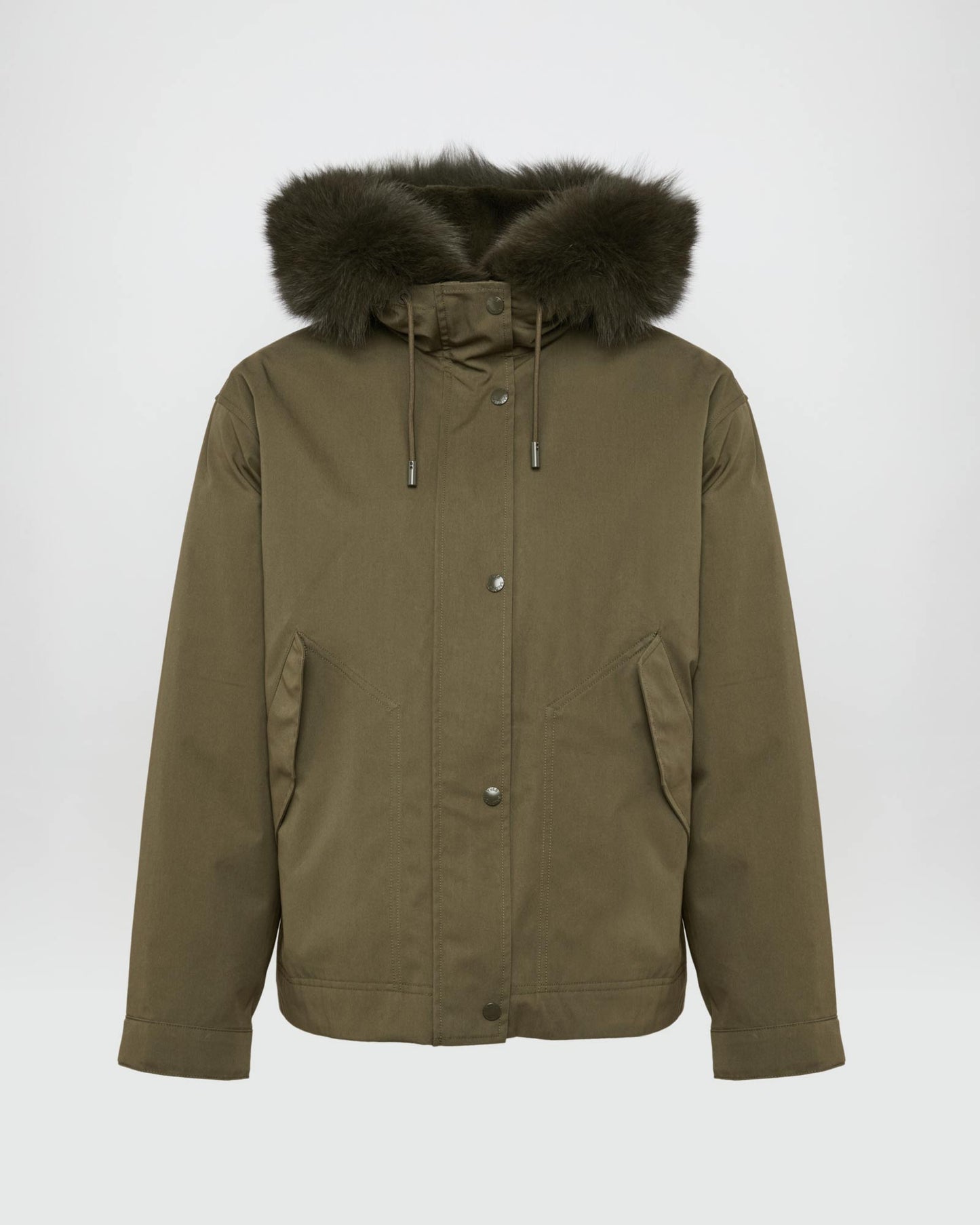 Short parka in cotton blend and fox and rabbit fur