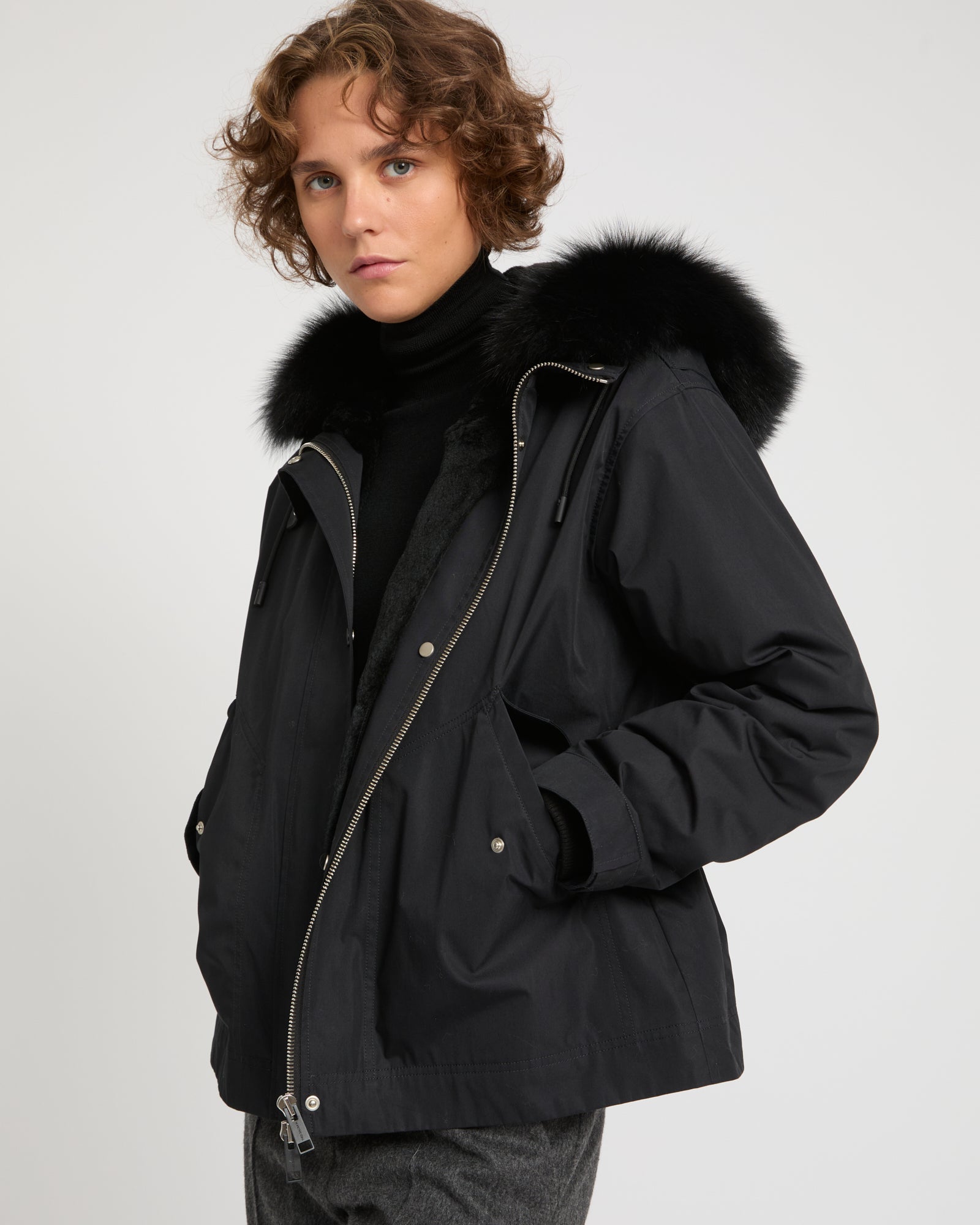 Short parka in cotton blend and fox and rabbit fur - black -Yves