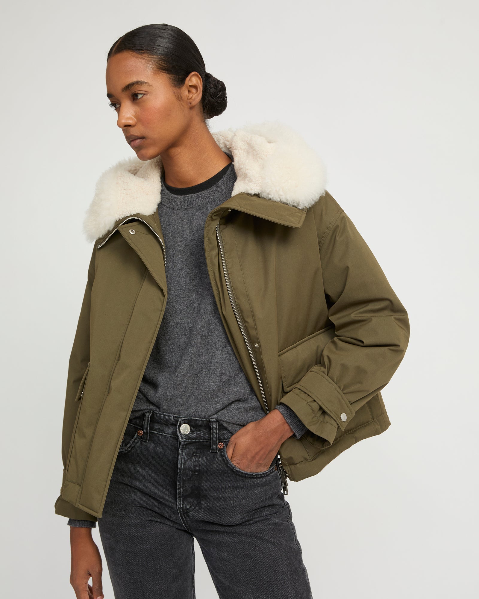 Winter sale & boxing day  -Short parka in cotton blend and lambskin shearling