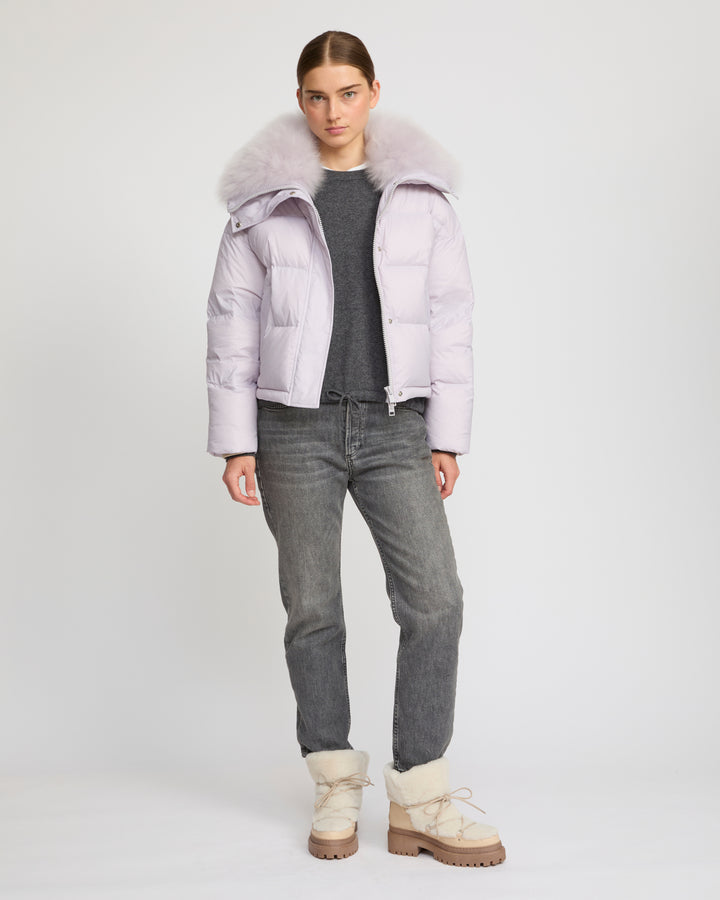 Short down jacket with fluffy lambswool trim